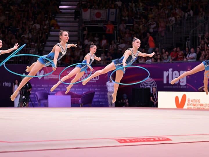 Israel's gold medal rhythmic gymnastics team in action at the World Championships in Spain, August 2023. Photo courtesy of FIG