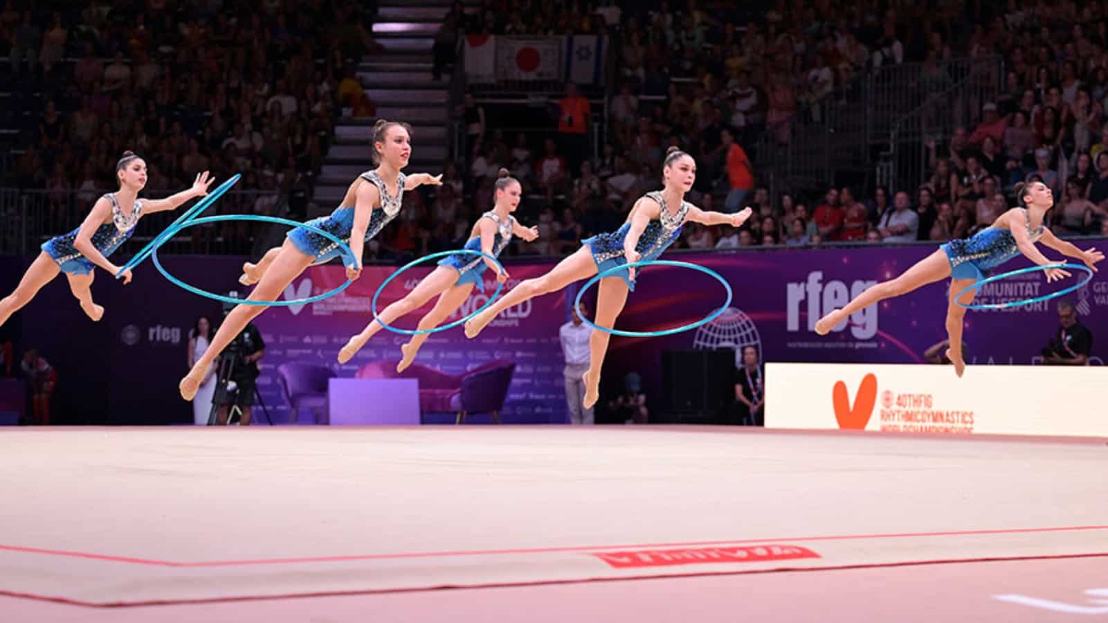 Israel's gold medal rhythmic gymnastics team in action at the World Championships in Spain, August 2023. Photo courtesy of FIG