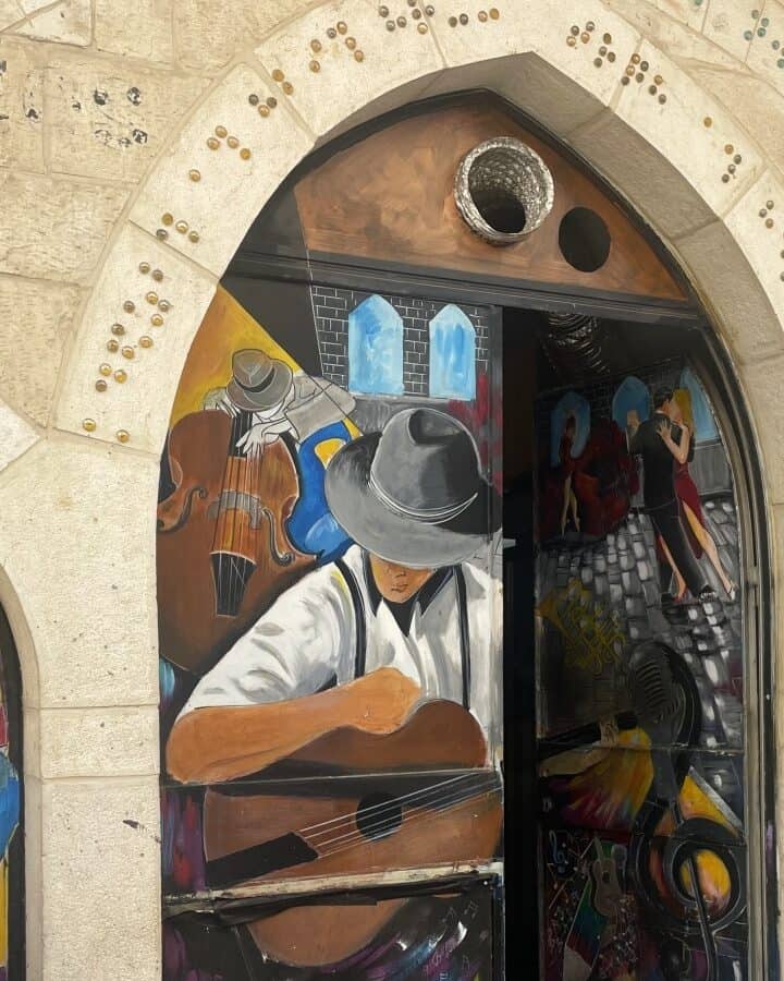 A jazzy door in Kikar Hamusica (Music Square) on Yoel Moshe Salomon Street in downtown Jerusalem, where the shops, restaurants and a museum are devoted to music. Photo by Rachel Fisher