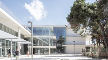 The new glass-fronted downtown campus of the Bezalel Academy of Arts and Design Jerusalem. Photo by Aviad Bar Ness