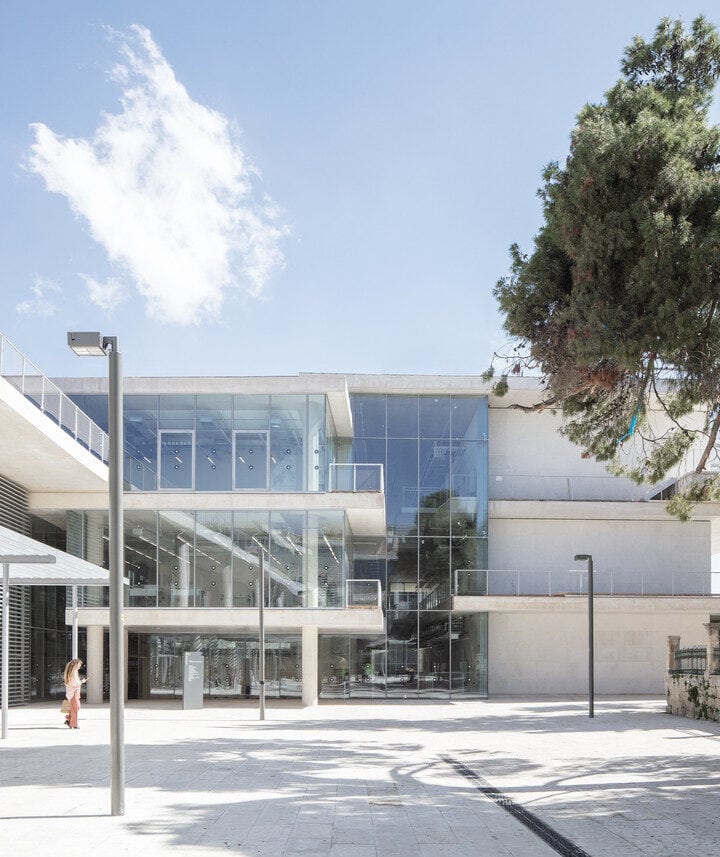 The new glass-fronted downtown campus of the Bezalel Academy of Arts and Design Jerusalem. Photo by Aviad Bar Ness