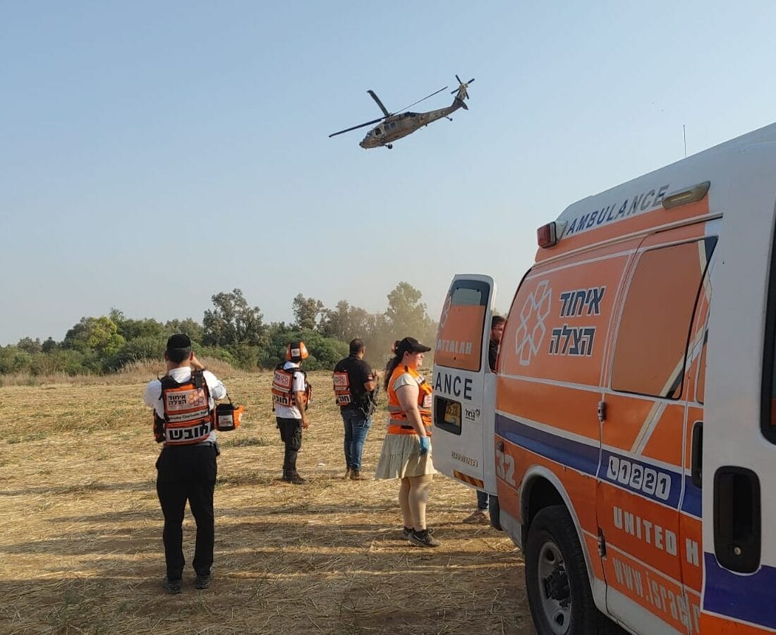 A United Hatzalah team transport a patient to a helicopter for emergency evacuation to hospital. Photo courtesy of United Hatzalah
