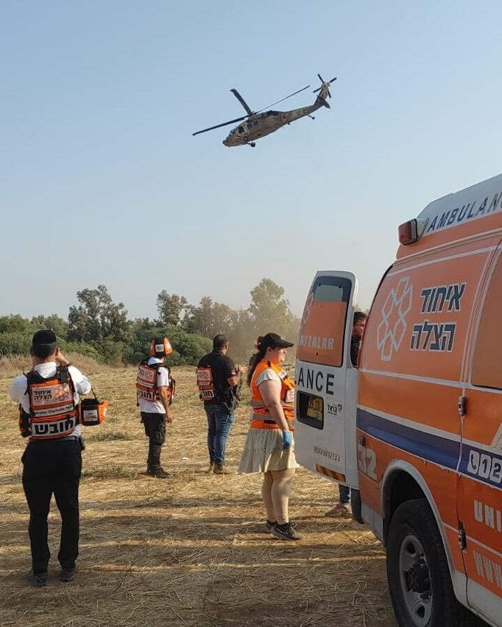 A United Hatzalah team transport a patient to a helicopter for emergency evacuation to hospital. Photo courtesy of United Hatzalah