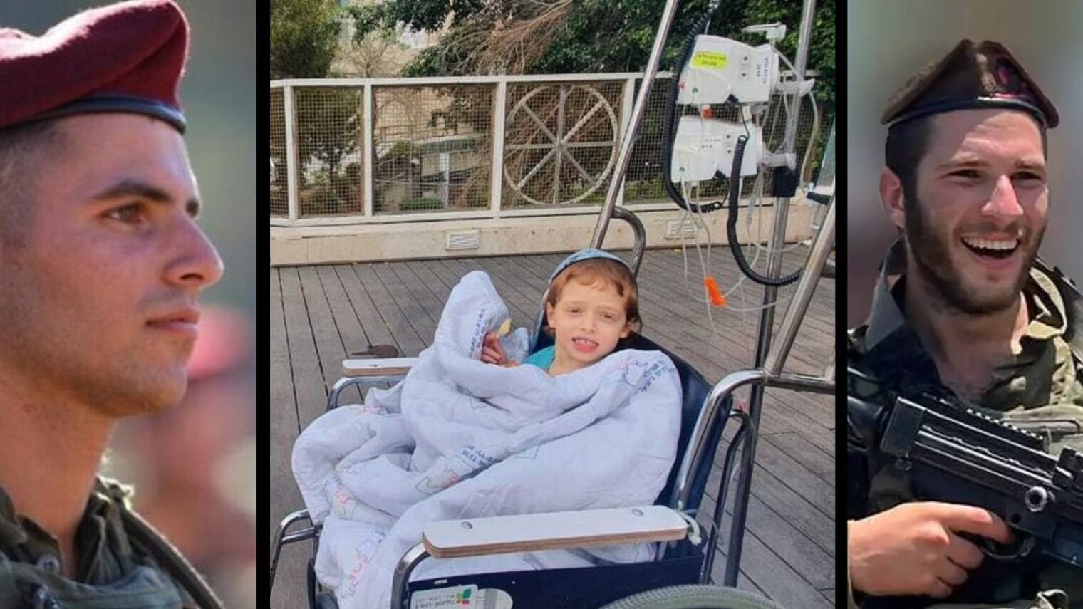 This eight-year-old boy received part of the liver of fallen soldier Amichai Rubin, right. Photo of child courtesy of Schneider Childrenâ€™s Hospital; photos of soldiers courtesy of their families
