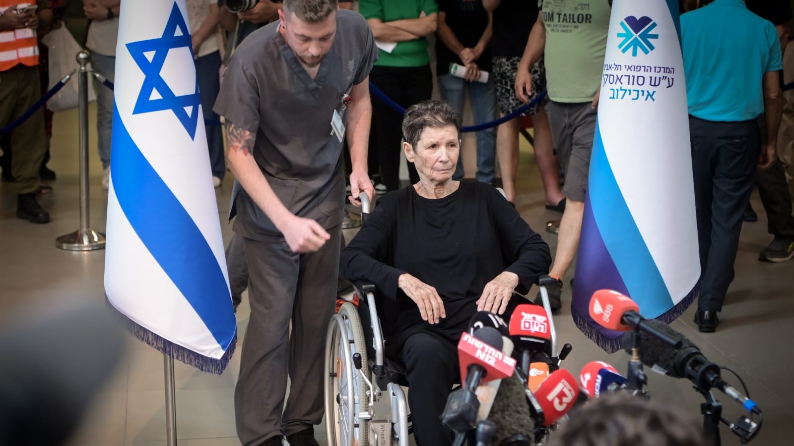Freed Israeli hostage Yocheved Lifshitz speaks to press at Tel Aviv Sourasky Medical Center, October 24, 2023. Photo by Avshalom Sassoni/Flash90