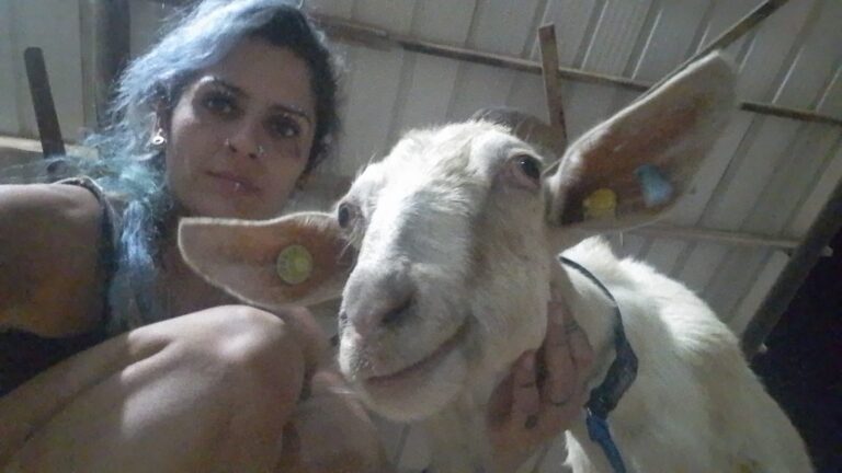 Nora Lifshitz with a rescued goat. Photo courtesy of ATALEF