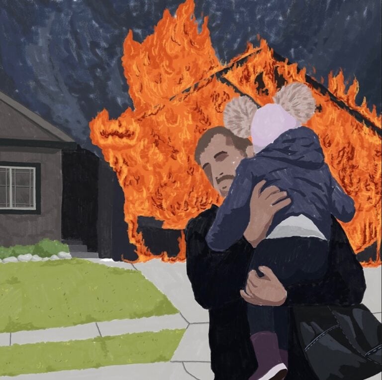 This graphic of a father and child fleeing a burning home was designed by Eran Yona. Image courtesy of Design Duty