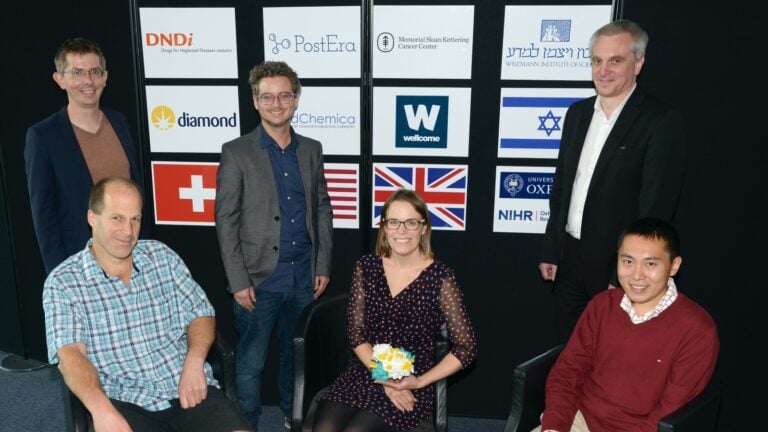 Leading members of the COVID Moonshot initiative. Left to right, top row: Dr. Ben Perry – DNDi, Dr. John Chodera – Memorial Sloan Kettering and Dr. Ed Griffen – MedChemica; bottom row: Prof. Frank von Delft and Dr. Annette von Delft – University of Oxford, and Dr. Alpha Lee – PostEra