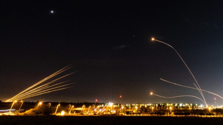 Iron dome anti-missile system fires interception missiles toward rockets fired from Gaza, as seen from Sderot, May 10, 2023. Photo by Yonatan Sindel/Flash90