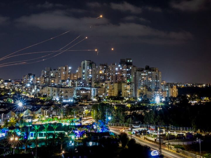 Over Ashkelon, the Iron Dome anti-missile system fires interception missiles against rockets fired from the Gaza Strip, May 13, 2023. Photo by Yossi Aloni/Flash90