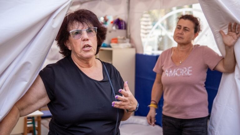 Roxanna Salimson, left, and Vicky Baum run the preschool for evacuees from Nir Oz at Isrotel Yam Suf hotel, Eilat. Photo by John Jeffay