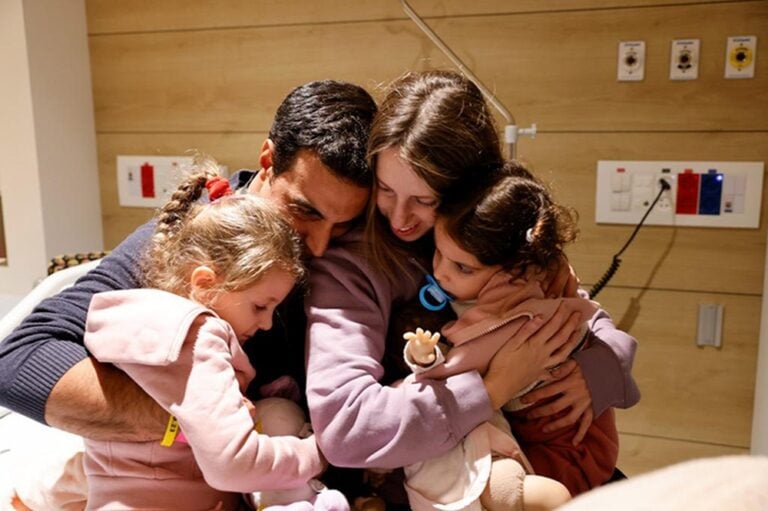 Raz, 4.5, and Aviv, 2.5, return home from the Gaza Strip with their mother Doron. They reunited with their father and husband, Yoni, at an Israeli hospital, on November 25, 2023. Photo courtesy of Schneider Childrenâ€™s Hospital
