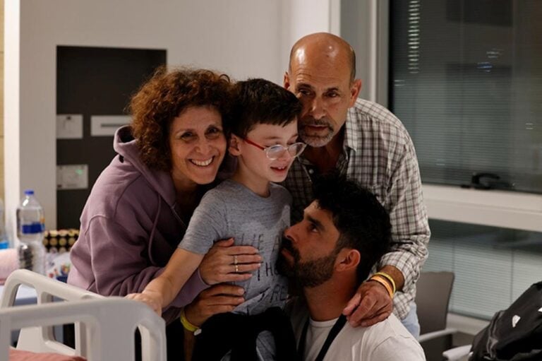 Ehud Munder, 9, was released from captivity with his mother and grandmother. They were reunited with his father and brother after 50 days apart on November 25, 2023. Photo courtesy of Schneider Childrenâ€™s Hospital