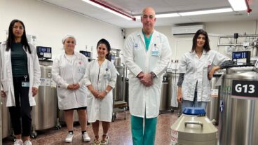 Prof. Micha Baum, head of Sheba Medical Center’s sperm bank, with his staff. Photo courtesy of Sheba