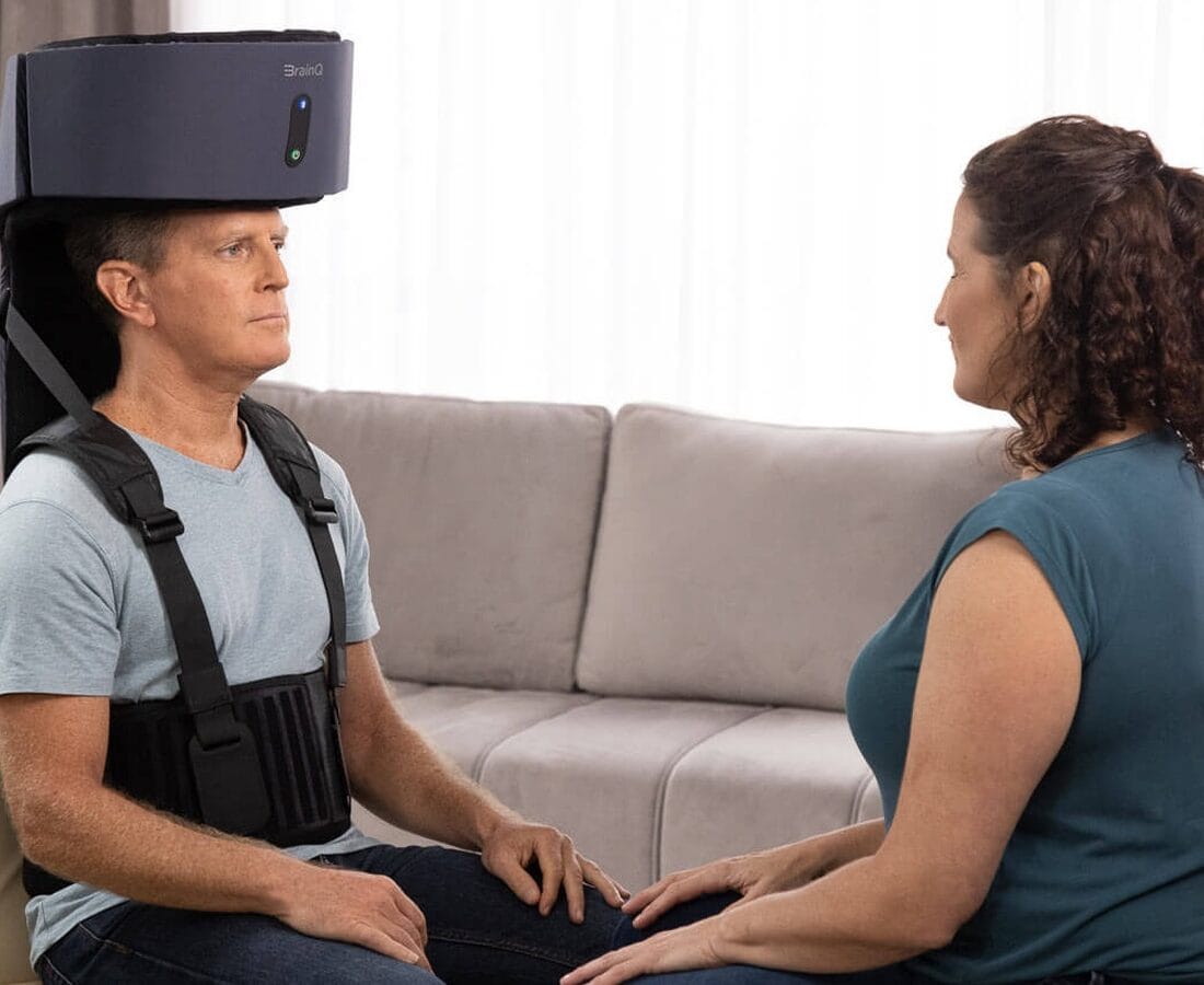 A patient in a stroke recovery trial using the BrainQ neuro rehab system. Photo courtesy of BrainQ