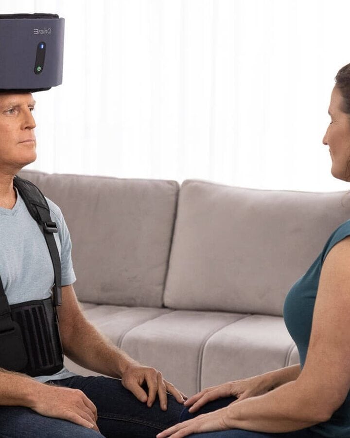 A patient in a stroke recovery trial using the BrainQ neuro rehab system. Photo courtesy of BrainQ