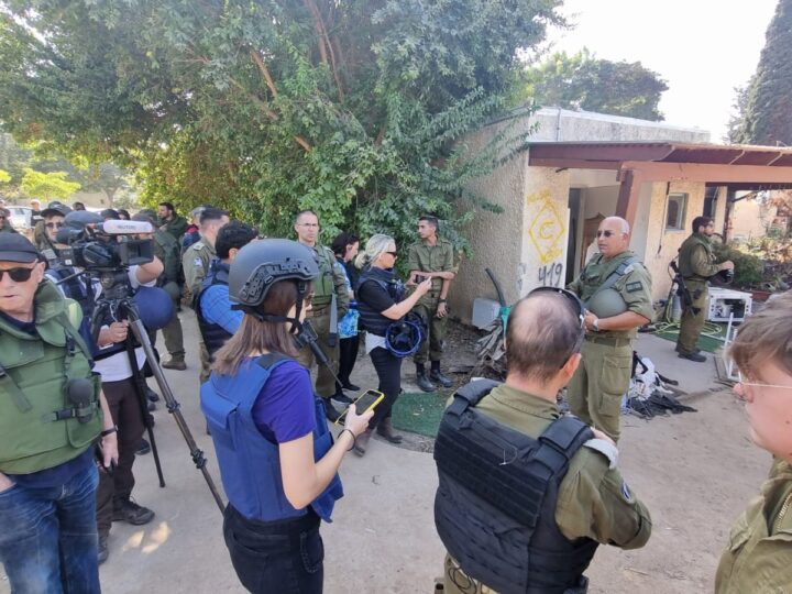 An IDF briefing at Kibbutz Kfar Aza during JPC's tour for foreign journalists. Photo courtesy of the Jerusalem Press Club