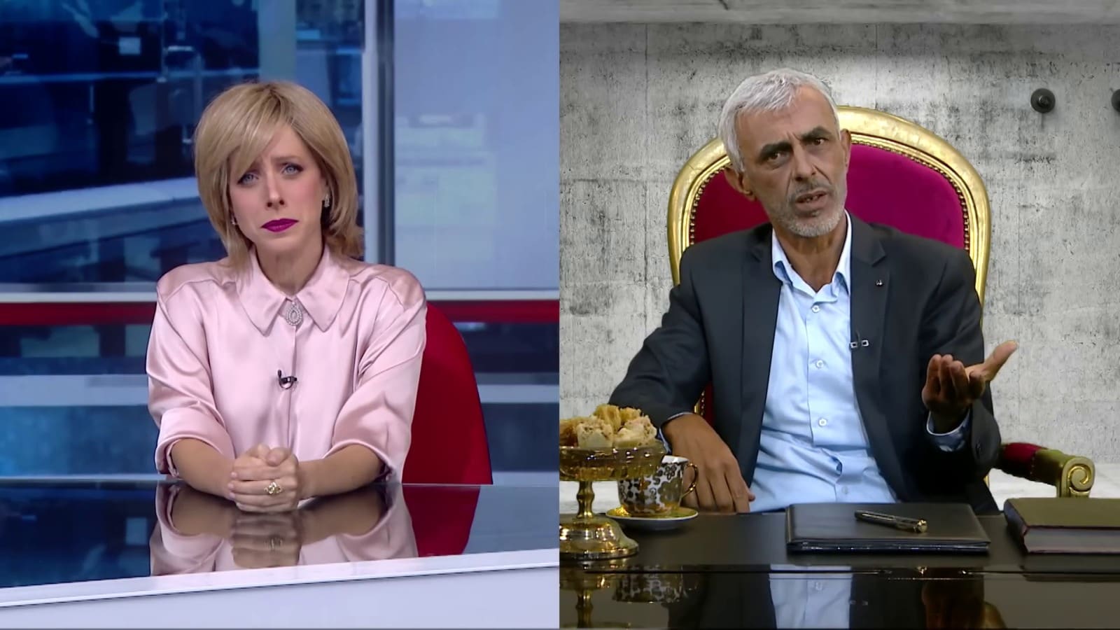 Eretz Nehederet actors Liat Harlev and Eli Finish spoofing BBCâ€™s interview of Hamas leader Yahya Sinwar. Photo: screenshot