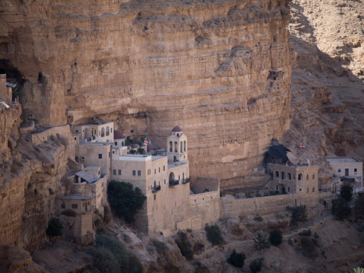 The St. George monastery in the Judean desert was built in the 6th century on a cliff at Wadi Qelt and is still inhabited by Christian monks. Photo by Yonatan Sindel/Flash90