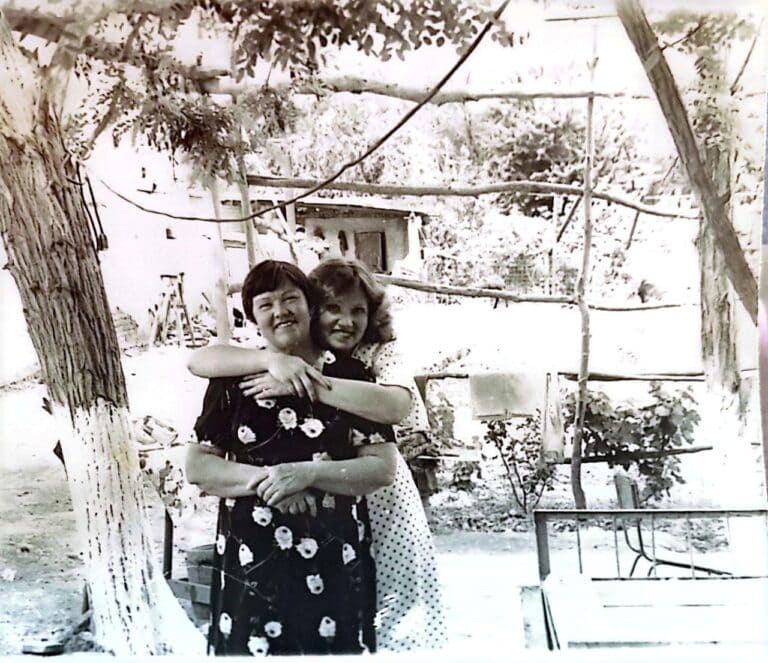 Yulia Karraâ€™s mother with her own mother in Darganata, Turkmenistan, in the 1970s. Photo courtesy of family
