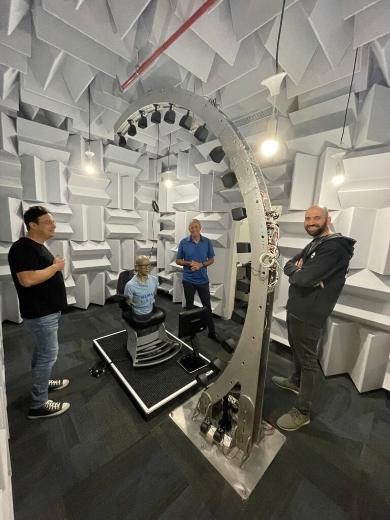 In the Nuance Hearing acoustic lab, from left, CTO and cofounder Dr. Yoni Hertzberg, Yuval Katzman from Shamir Optics and algorithm developer Gal Shemesh. Photo courtesy of Nuance