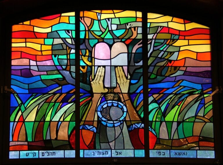 One of the beautiful stained-glass windows created by artist RÃ©gine Heim, at the Great Synagogue in Jerusalem. Photo by Flik47, via Shutterstock