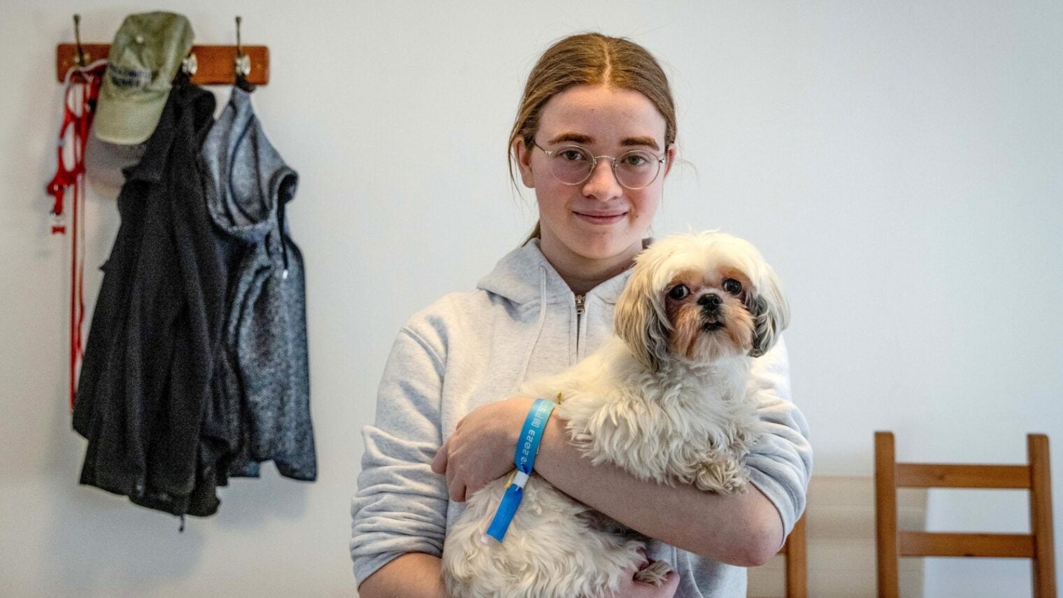 Mia Leimberg, managed to take her dog, Bella, with her as she was kidnapped by Hamas terrorists on October 7, 2023. Both were freed on November 28. Photo by Chaim Goldberg Flash90