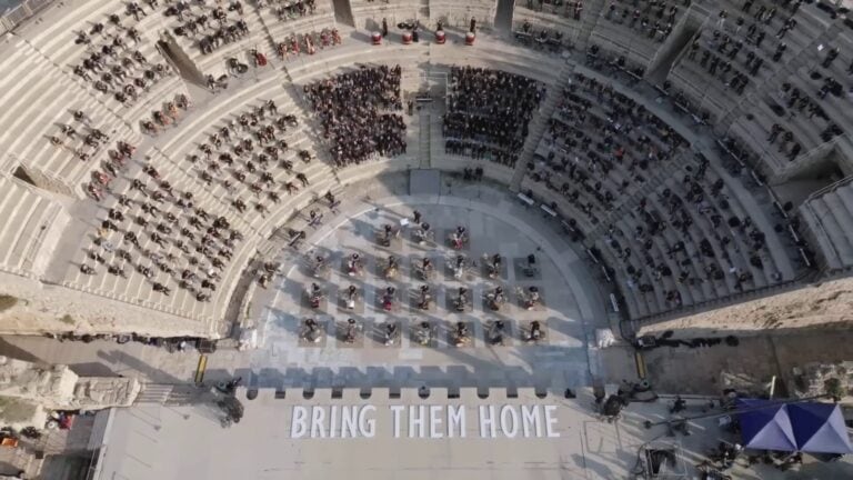 Aerial view of 1,000 musicians performing in Caesarea on behalf of Israeli hostages. Photo: YouTube screeshot