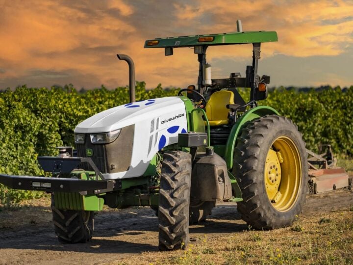 Bluewhite Robotics’ software platform lets one human operator to manage a fleet of autonomous farm vehicles. Photo courtesy of Bluewhite Robotics