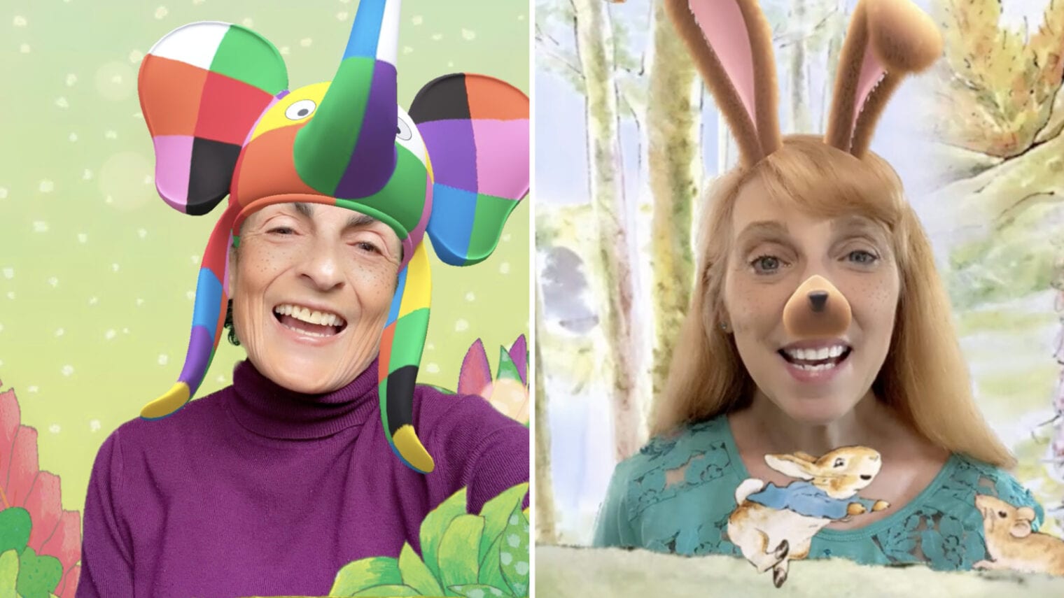 â€œPeter Rabbitâ€� and â€œElmerâ€� are two of many stories Zoogers can record with augmented reality effects. Screenshots courtesy of Zoog