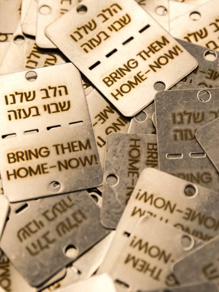 Dog tags raise awareness to the issue of hostages still held in Gaza. Photo by Barak Ziv