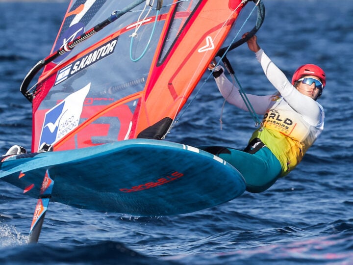 Israelâ€™s Sharon Kantor at the 2024 iQFOiL Worlds in Lanzaroteâ€™s Marina RubicÃ³n, February 2. Photo Â© Sailing Energy / iQfoil Class