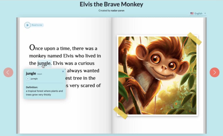 “Elvis the Brave Monkey,” a story created by Storywizard. Photo courtesy of Storywizard.ai