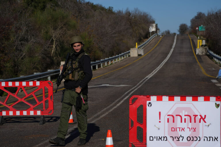 IDF soldiers guard a temporary checkpoint on a road in near the border with Lebanon, January 6, 2024. Photo by Ayal Margolin/Flash90