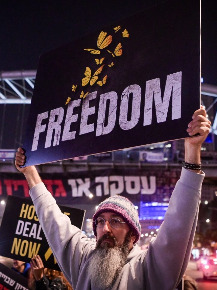 This demonstration on behalf of the hostages, outside Military Defense Headquarters in Tel Aviv on the night February 11, took place just hours before Israeli forces snatched two hostages from captivity. Photo by Avshalom Sassoni/Flash90