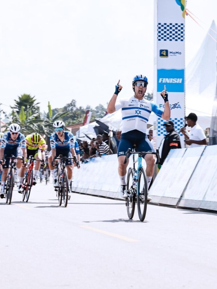 Itamar Einhorn reaches the finish line to win the race in Rwanda. Photo courtesy of Israel Premier-Tech