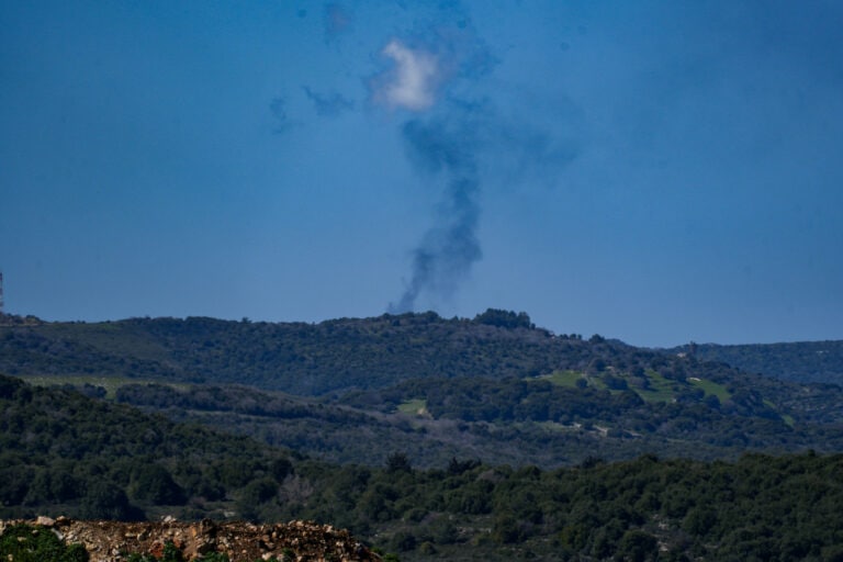 Smoke rises after rockets fired from Lebanon hit a military base near the Israeli border with Lebanon, March 5, 2024. Photo by Ayal Margolin/Flash90