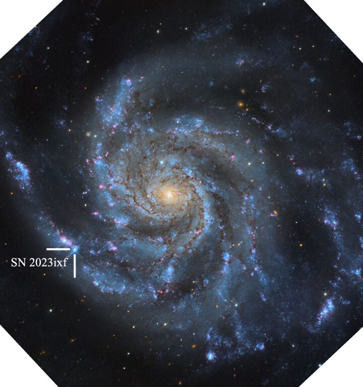 Supernova 2023ixf occurred in Messier 101, also known as the Pinwheel Galaxy. The image was made using telescope data on the nights of May 21, 22 and 23, 2023. Photo by Travis Deyoe/Mount Lemmon SkyCenter, University of Arizona (Hosseinzadeh et al. 2023)