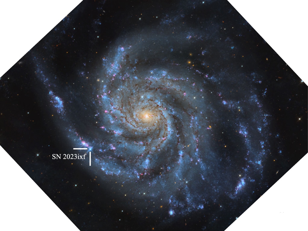 Supernova 2023ixf occurred in Messier 101, also known as the Pinwheel Galaxy. The image was made using telescope data on the nights of May 21, 22 and 23, 2023. Photo by Travis Deyoe/Mount Lemmon SkyCenter, University of Arizona (Hosseinzadeh et al. 2023)