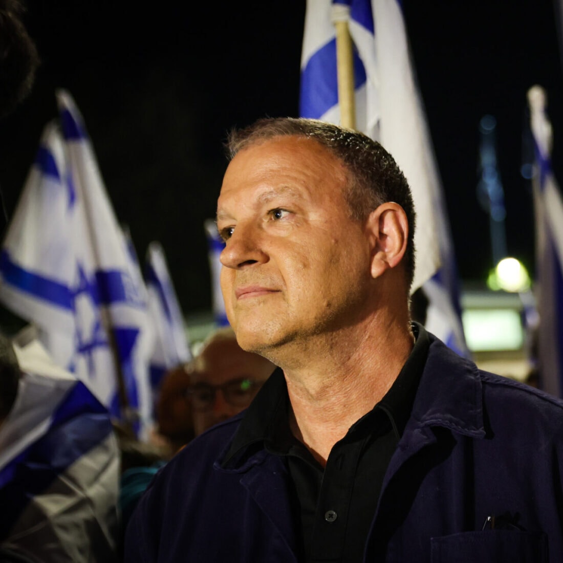 Erel Margalit, chairman of JVP and Margalit StartUp City, speaks at a protest against the Israeli government's planned judicial overhaul, May 6, 2023. Photo by Noam Revkin Fenton/Flash90