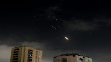 Anti-missile system fires interception missiles as drones and missiles fired from Iran, as it seen over Tel Aviv, on April 14, 2024. Photo by Tomer Neuberg/Flash90