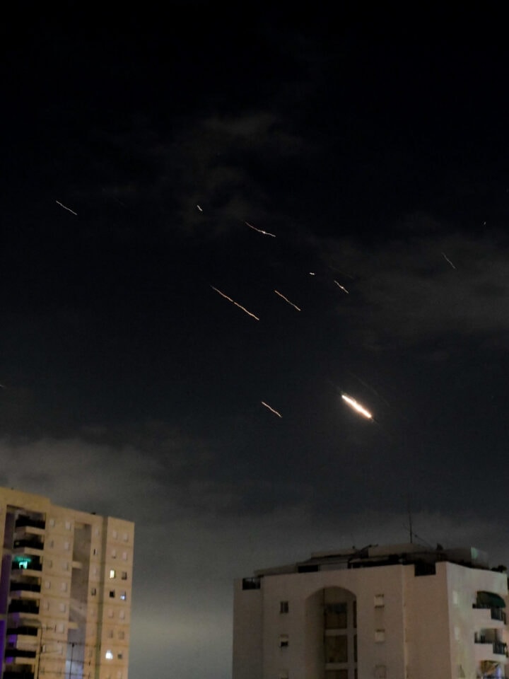 Anti-missile system fires interception missiles as drones and missiles fired from Iran, as it seen over Tel Aviv, on April 14, 2024. Photo by Tomer Neuberg/Flash90