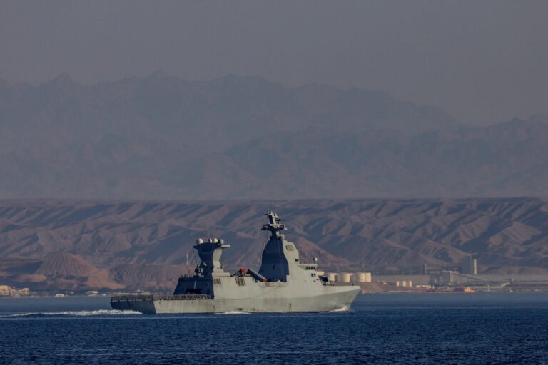 An Israeli Sa'ar 6-class corvette warship with an Iron Dome missile battery patrol off the shore of the southern Israeli city of Eilat, April 17, 2024. Photo by Jamal Awad/Flash90