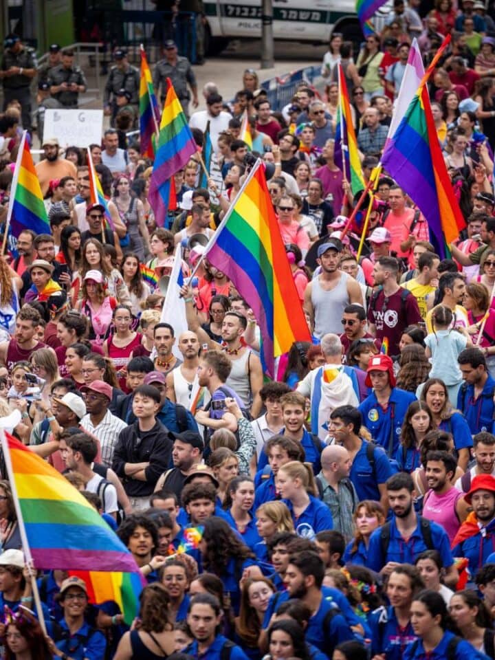 Thousands take part in the annual Gay Pride Parade in Jerusalem, on June 1, 2023. Photo by Yonatan Sindel/Flash90