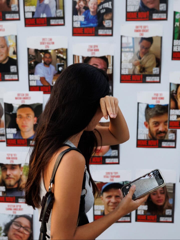A display of hostage photos outside the Tel Aviv Museum of Art, October 2023. Photo by Ziv Koren/Polaris Images
