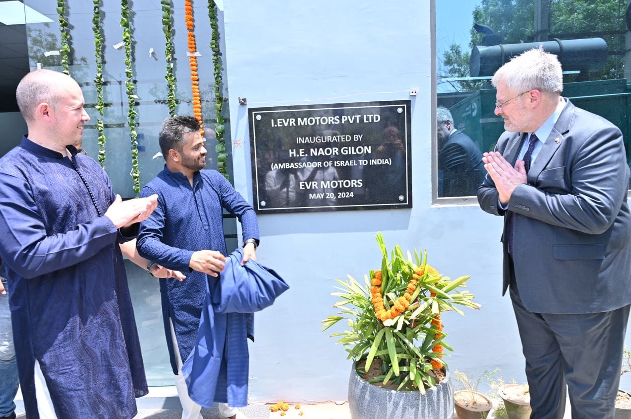 The inauguration of the EVR Motors plant in India by EVR Motors president and COO Eli Rozinsky (left), I.EVR Motors managing director Sajal Kishore and Ambassador of Israel to India Naor Gilor. Photo courtesy of EVR Motors