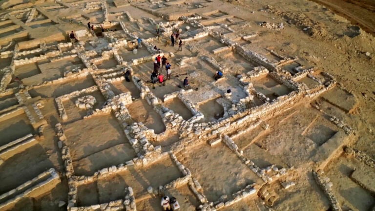 An aerial view of the excavation of the ancient church near the city of Rahat. Photo by Emil Aladjem/Israel Antiquities Authority.