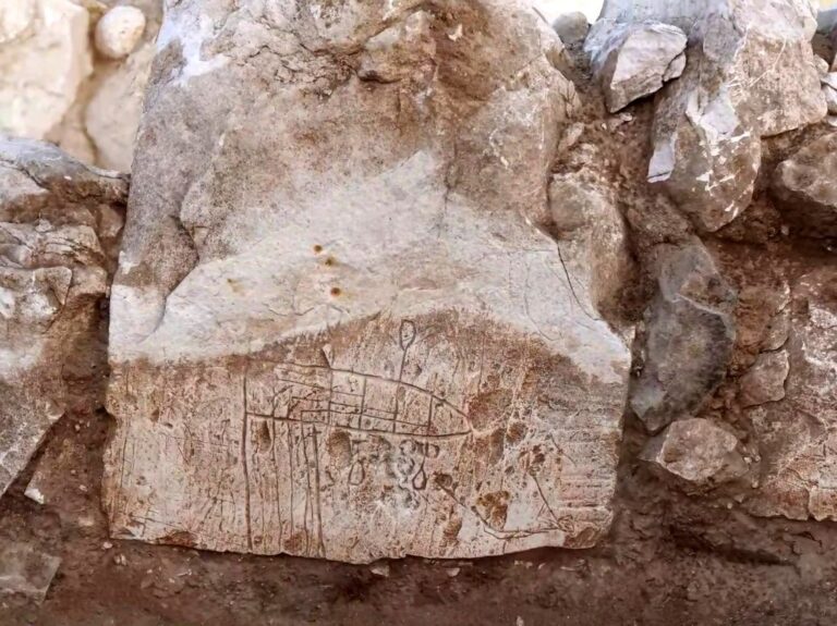 A graffiti drawing of a ship etched into the church wall. Photo by Yoli Schwartz/Israel Antiquities Authority