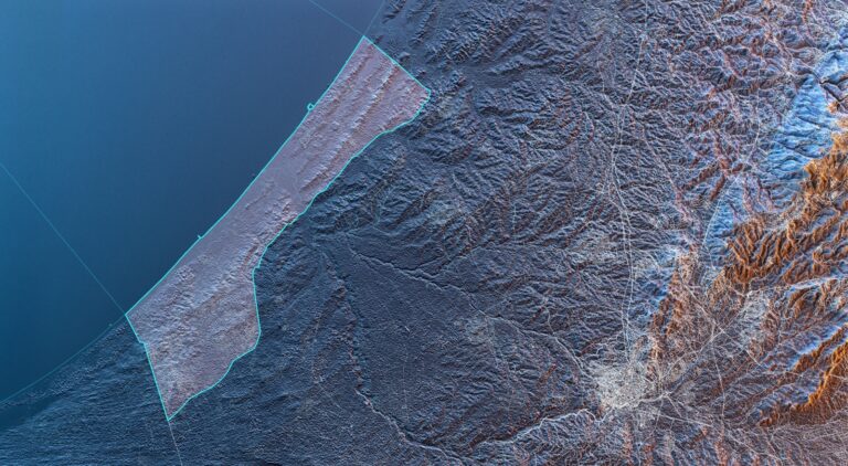 3D map of Gaza with exaggerated topographic relief and borders. Image by Corona Borealis Studio via Shutterstock.com