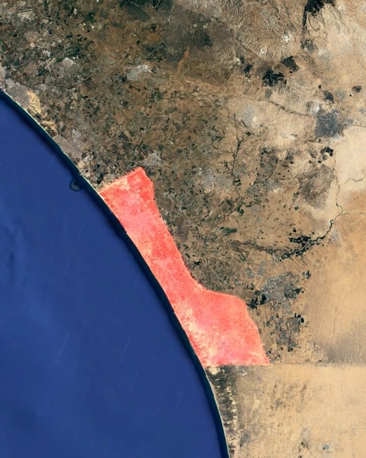 A 3D satellite map showing the Gaza Strip highlighted in red. Image by Ali Chehade via Shutterstock.com